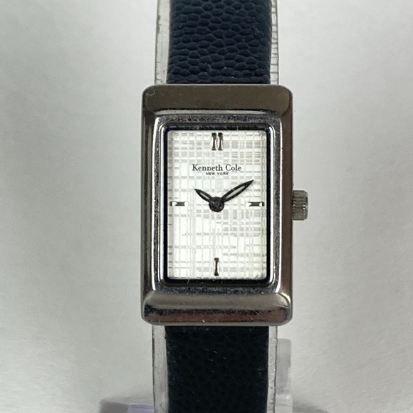 Kenneth Cole Tank Watch Women 17mm Silver Tone Linen Dial New Battery 7.5" - Picture 1 of 16